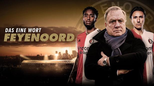 Porträt von drei Feyenoord-Spielern und dem Trainer vor der Skyline von Rotterdam und dem Stadion De Kuip.