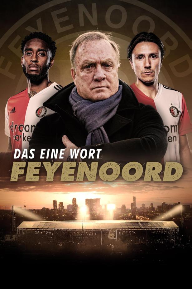 Ein Werbeplakat für Feyenoord Rotterdam mit Spielern und dem Stadion im Hintergrund.