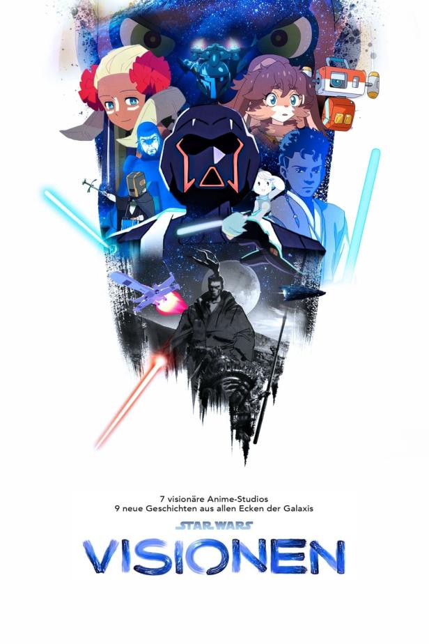 Das animierte Poster für „Star Wars: Visionen“ zeigt verschiedene Charaktere und Raumschiffe.