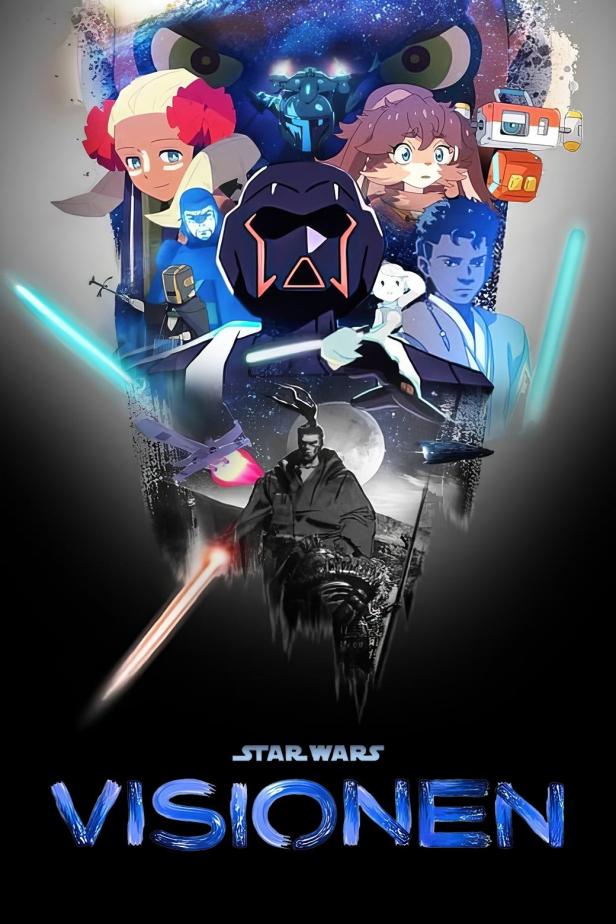 Das animierte Poster für „Star Wars: Visionen“ zeigt verschiedene Charaktere und Raumschiffe.