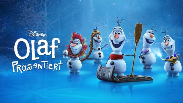 Das Poster für „Olaf präsentiert“ zeigt Olaf in verschiedenen Kostümen auf einem zugefrorenen See.