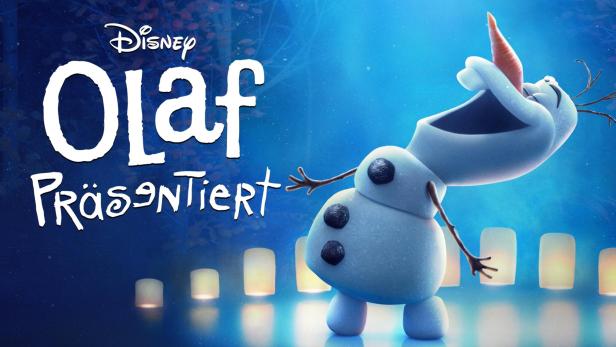 Olaf, die Schneemannfigur aus „Die Eiskönigin“, präsentiert etwas vor einem blauen Hintergrund.