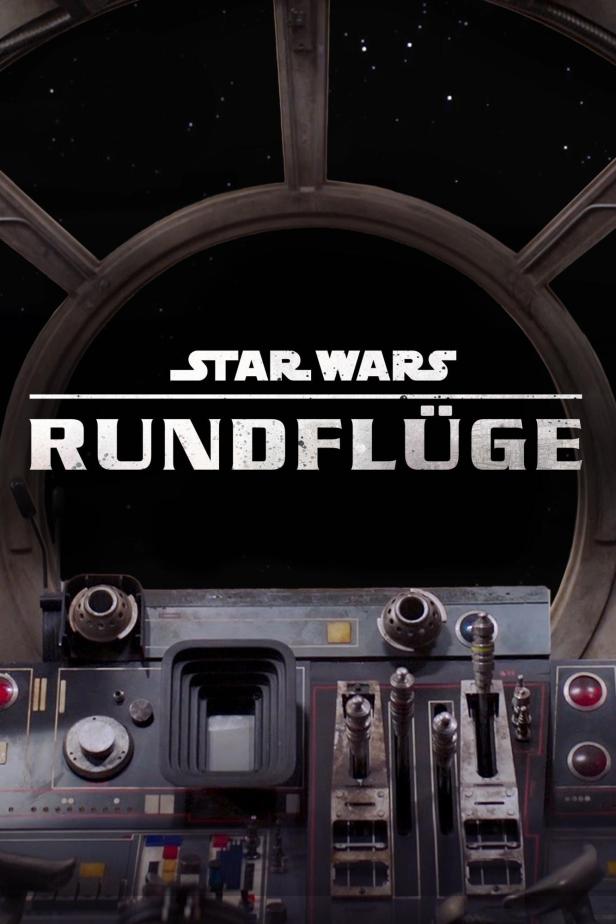 Blick aus dem Cockpit eines Raumschiffs mit dem Schriftzug „Star Wars Rundflüge“.