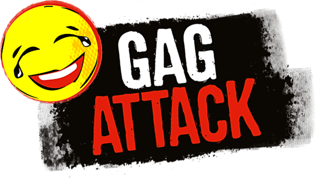 Das Logo von „Gag Attack“ von Disney mit einem lachenden Emoji.