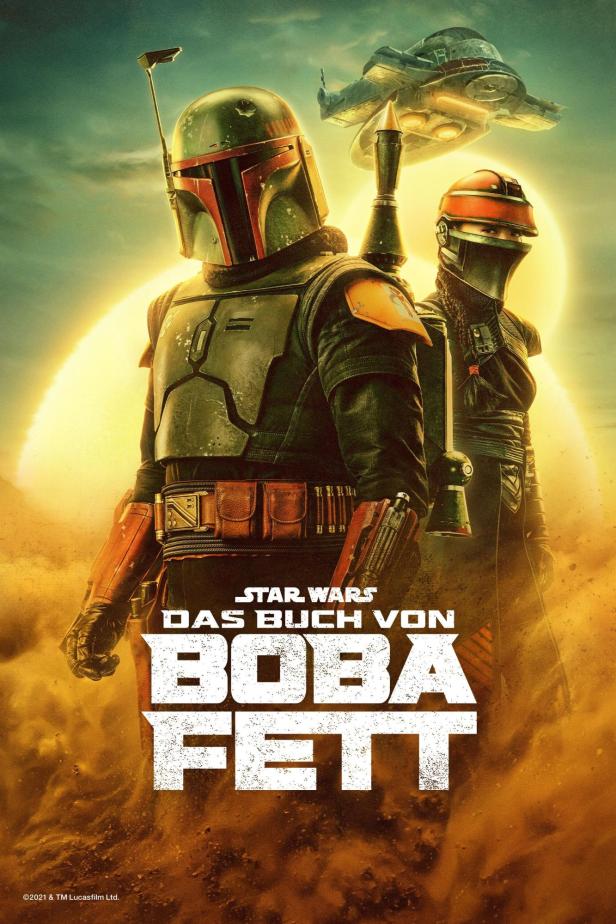 Das Poster für „Das Buch von Boba Fett“ zeigt Boba Fett und Fennec Shand vor einem Raumschiff.