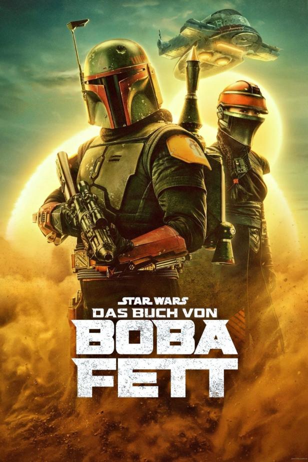 Das Filmplakat zu „Das Buch von Boba Fett“ zeigt Boba Fett und Fennec Shand vor einem Raumschiff.