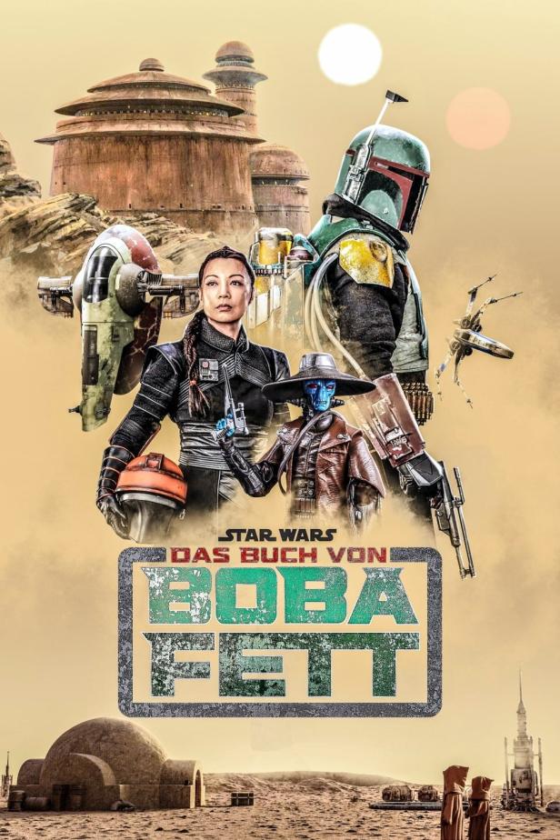 Das Poster für „Das Buch von Boba Fett“ zeigt Boba Fett, Fennec Shand und Cad Bane vor einer Wüstenkulisse.
