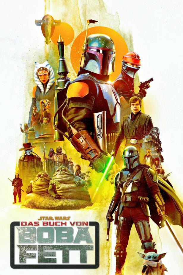 Ein Poster für „Das Buch von Boba Fett“ mit Boba Fett, dem Mandalorianer, Grogu und anderen Star Wars-Charakteren.