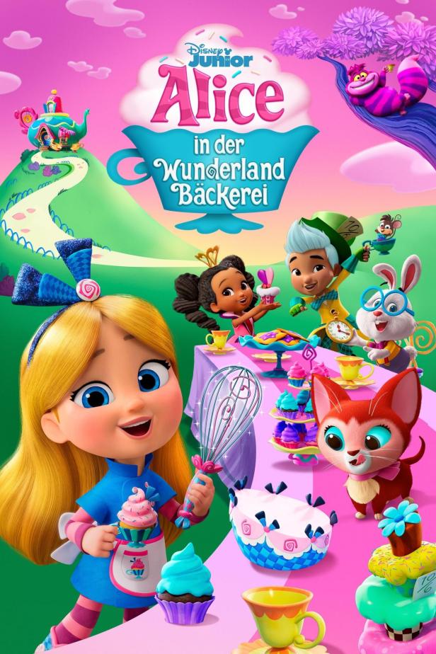 Das farbenfrohe Poster für „Alice in der Wunderland Bäckerei“ von Disney Junior zeigt Alice und ihre Freunde.