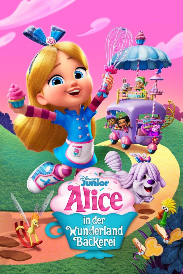 Das Poster für „Alice in der Wunderland-Bäckerei“ zeigt Alice mit einem Cupcake und einem Schneebesen.