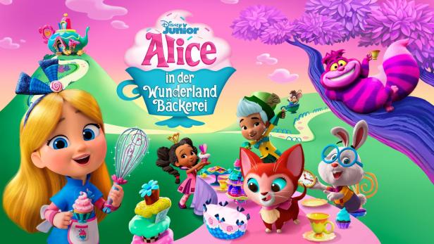 Szene mit Alice und anderen Figuren aus „Alice in der Wunderland-Bäckerei“.