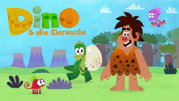 Ein Cartoonbild mit einem Dinosaurier, einem Höhlenmenschen und dem Titel „Dino & die Eiersuche“.