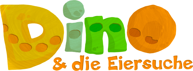 Das Logo für „Dino & die Eiersuche“ mit bunten Buchstaben.