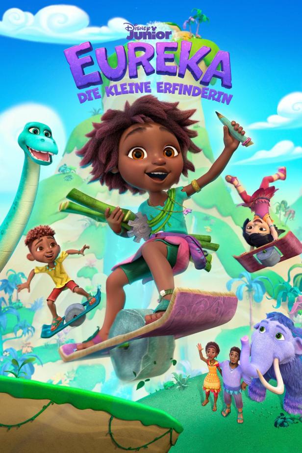 Das Poster für „Eureka! Die kleine Erfinderin“ zeigt die Hauptfigur auf einem schwebenden Brett, umgeben von Freunden und Dinosauriern.