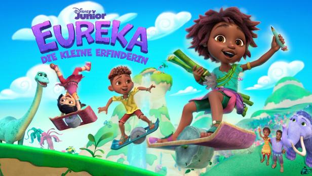 Szene aus der Disney Junior Serie „Eureka! Die kleine Erfinderin“ mit Eureka und ihren Freunden.