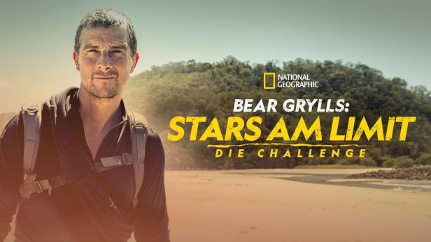 Ein Porträt von Bear Grylls vor dem Hintergrund der National Geographic-Show „Stars am Limit: Die Challenge“.