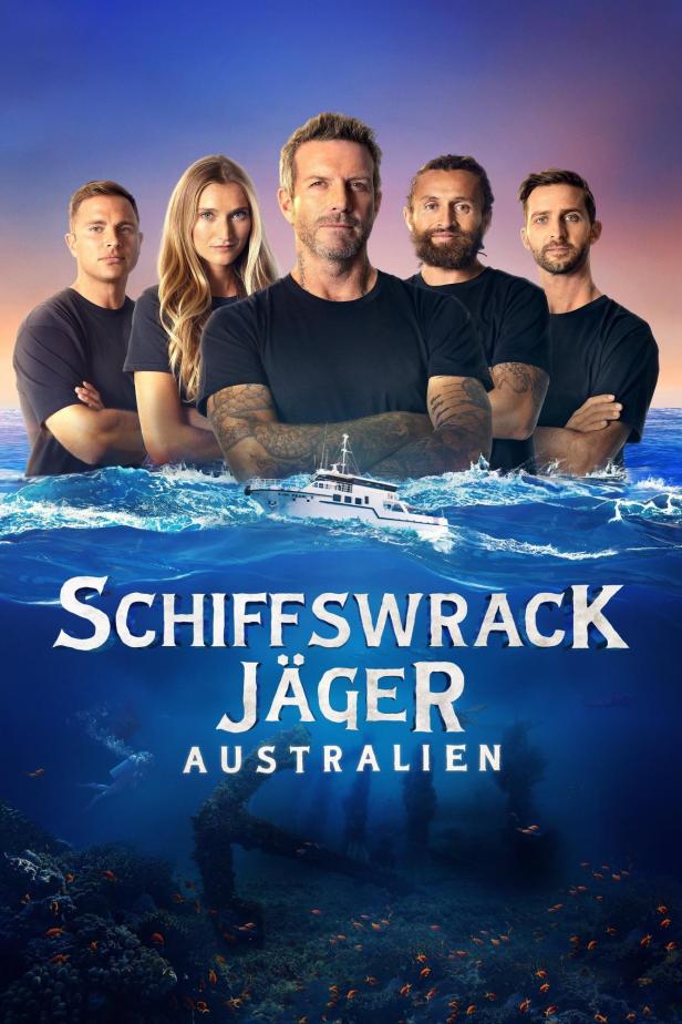 Das Poster für „Schiffswrack-Jäger Australien“ zeigt fünf Personen und ein Schiff über dem Meeresboden.