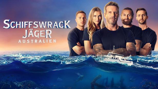 Das Poster für „Schiffswrack-Jäger Australien“ zeigt die Besatzung über und einen Taucher unter Wasser.