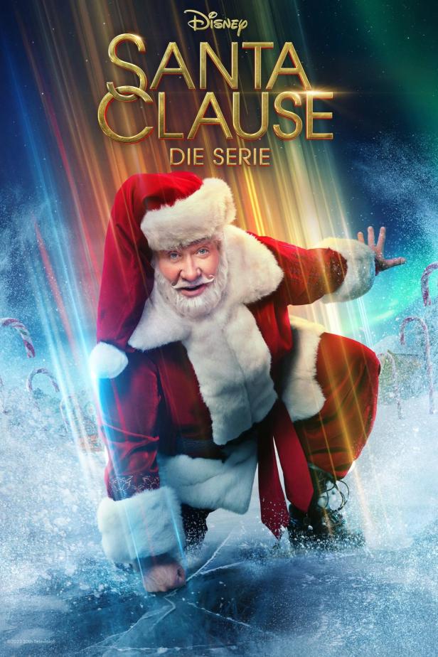 Ein Werbeplakat für die Disney+-Serie „Santa Clause: Die Serie“ mit Tim Allen als Weihnachtsmann.