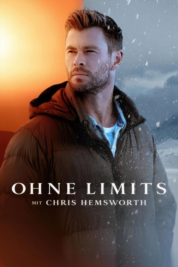 Das Filmplakat für „Ohne Limits“ zeigt Chris Hemsworth vor einer verschneiten Berglandschaft.