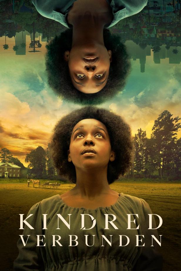 Das Filmplakat für „Kindred“ zeigt zwei Frauen, eine auf dem Kopf stehend, vor unterschiedlichen Hintergründen.