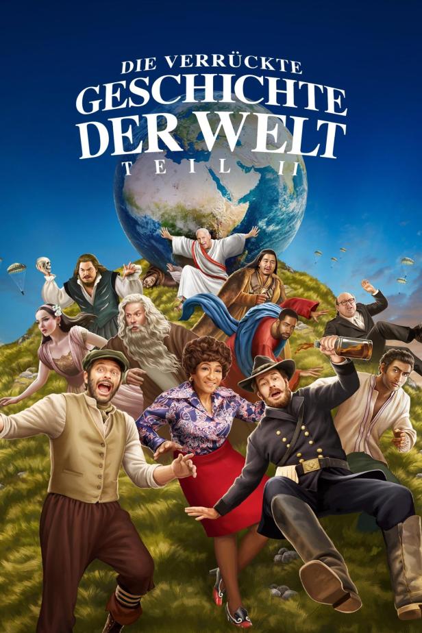 Das Filmplakat für „Die verrückte Geschichte der Welt, Teil II“ zeigt verschiedene historische Figuren vor einer Erdkugel.