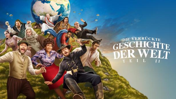 Das Filmplakat für „Die verrückte Geschichte der Welt Teil II“ zeigt verschiedene historische Figuren, die einen Hügel hinunterstürzen.