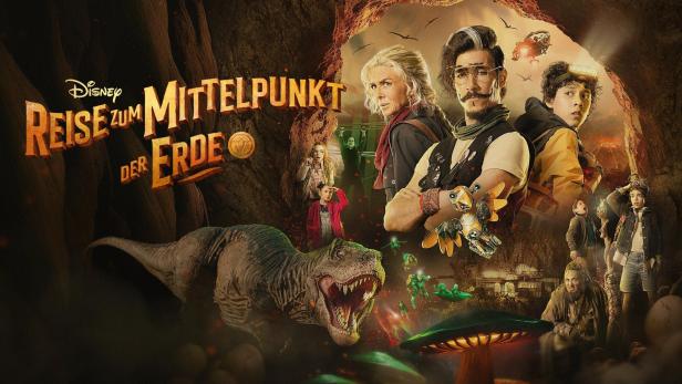 Das Filmplakat für „Reise zum Mittelpunkt der Erde“ zeigt eine Gruppe von Abenteurern und einen Dinosaurier.