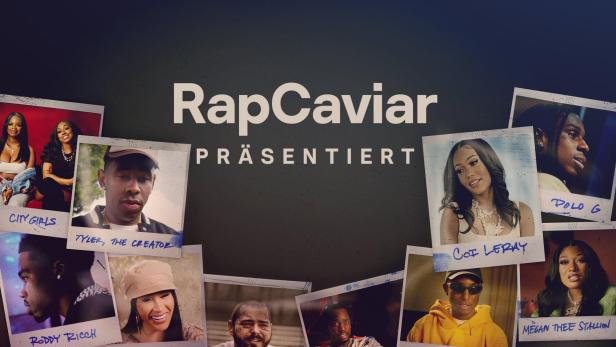 Das RapCaviar-Logo präsentiert Fotos von verschiedenen Musikern wie Tyler, The Creator und Megan Thee Stallion.