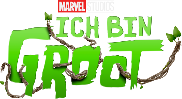Das Logo von Marvel Studios‘ „Ich bin Groot“ mit grünen Buchstaben und Ranken.