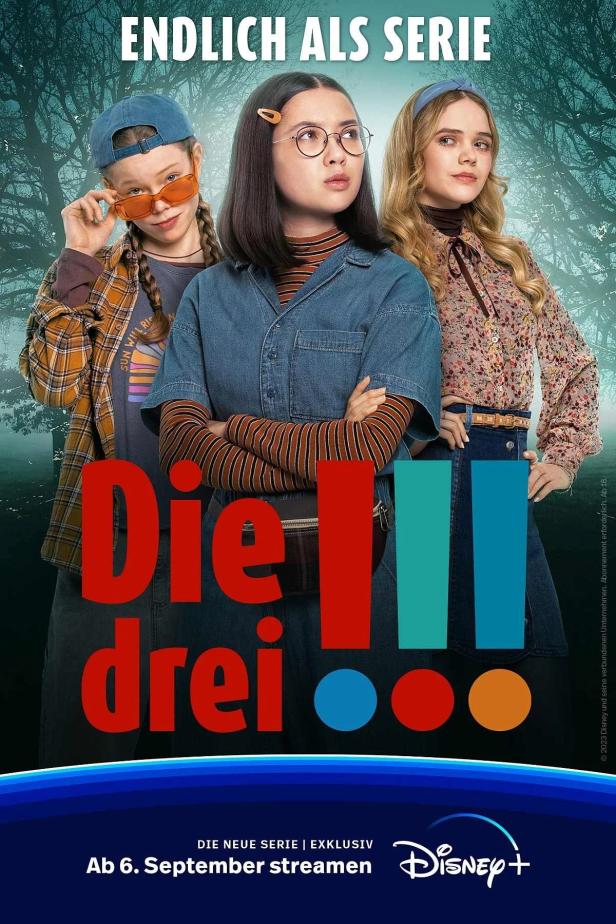 Das Poster zur neuen Disney+ Serie „Die drei !!!“ mit den drei Hauptdarstellerinnen.