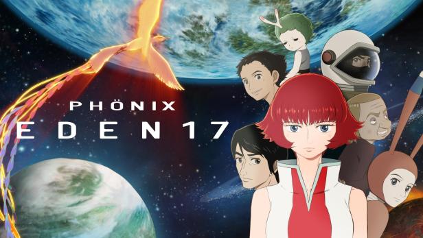 Das Cover von „Phönix: Eden 17“ zeigt eine Gruppe von Anime-Charakteren und einen goldenen Phönix vor einem Planeten.