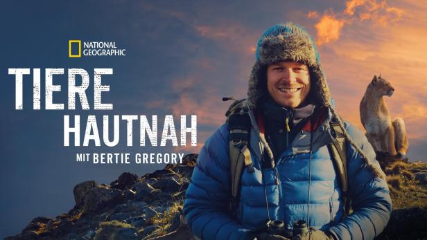 Bertie Gregory vor dem Hintergrund der National Geographic-Serie „Tiere hautnah“ mit einem Puma.
