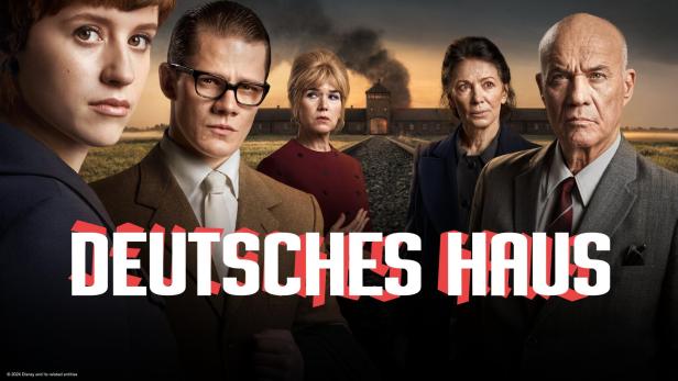 Das Filmplakat für „Deutsches Haus“ zeigt fünf Personen vor dem Hintergrund eines Konzentrationslagers.