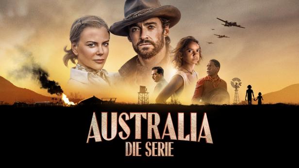 Das Filmplakat für die Serie „Australia“ mit Nicole Kidman und Hugh Jackman vor einer australischen Landschaft.