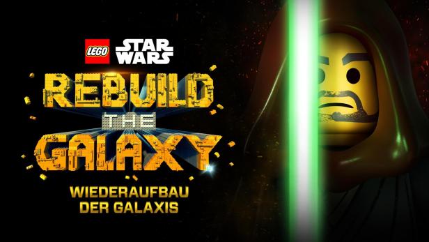 LEGO Star Wars: Ein LEGO-Luke Skywalker mit grünem Lichtschwert vor dem Schriftzug „Rebuild the Galaxy“.