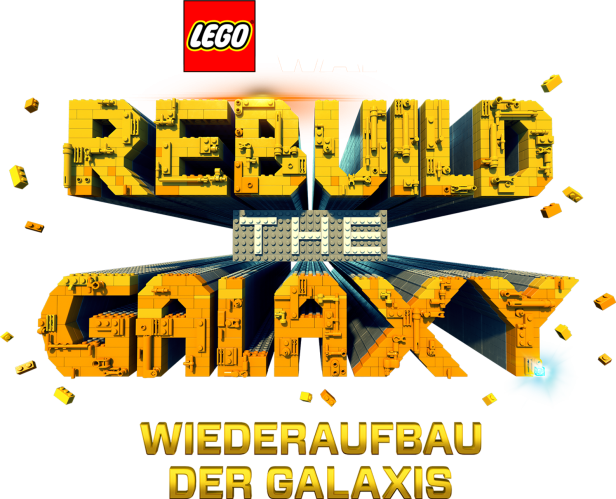 Das LEGO-Logo und der Schriftzug „Rebuild the Galaxy“ aus LEGO-Steinen.