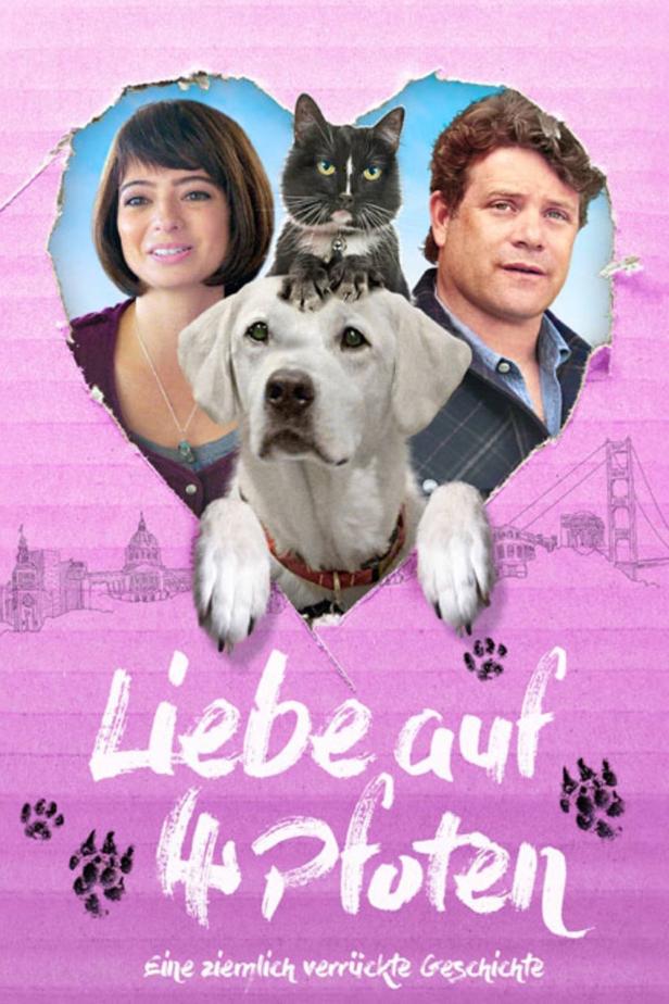 Das Filmplakat für „Liebe auf 4 Pfoten“ zeigt eine Frau, einen Mann, einen Hund und eine Katze.