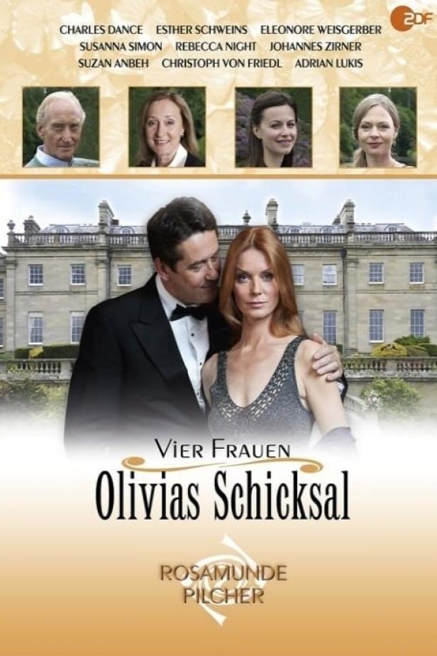 Das Filmplakat zu „Vier Frauen – Olivias Schicksal“ nach Rosamunde Pilcher zeigt ein Paar vor einem Herrenhaus.