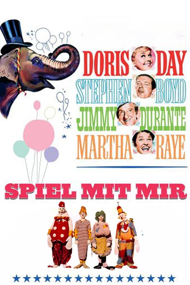 Das Filmplakat für „Spiel mit mir“ zeigt einen Elefanten mit Zylinder und vier Clowns.