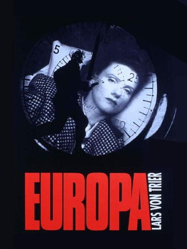 Das Filmplakat für „Europa“ von Lars von Trier zeigt eine Frau vor einem Uhrwerk.