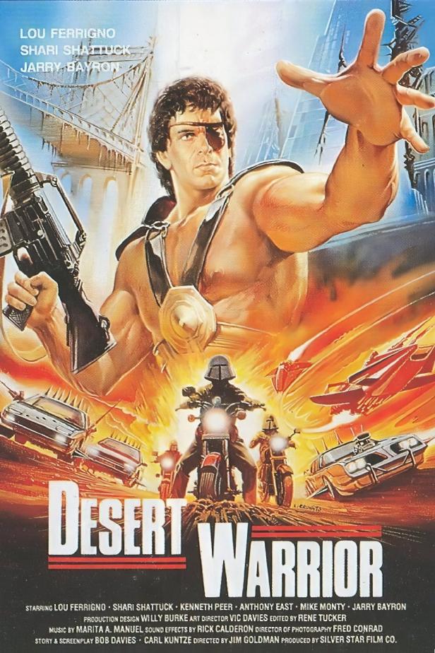 Das Filmplakat für „Desert Warrior“ zeigt Lou Ferrigno mit einer Waffe in einer postapokalyptischen Wüstenlandschaft.