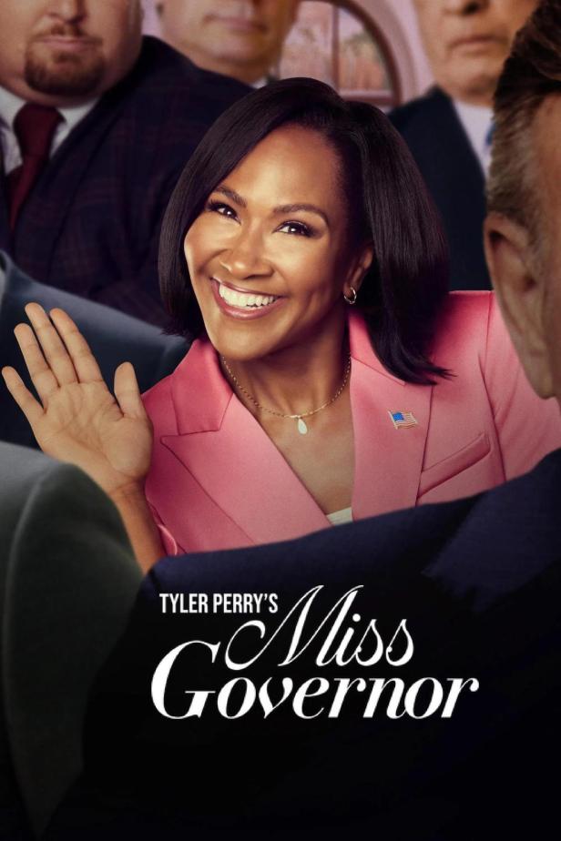 Das Filmplakat zu Tyler Perrys „Miss Governor“ zeigt eine lächelnde Frau im pinkfarbenen Blazer.