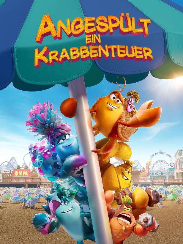 Das animierte Filmplakat für „Angespült – Ein Krabbenabenteuer“ zeigt anthropomorphe Krabben am Strand.