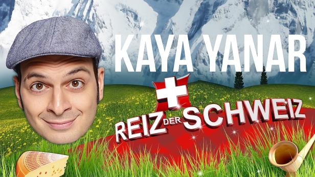 Ein Werbebild für Kaya Yanars Show „Reiz der Schweiz“ mit Käse, Alphorn und Schweizerkreuz.
