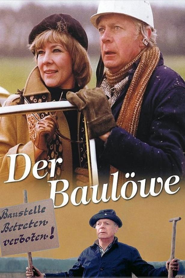 Das Filmplakat für „Der Baulöwe“ zeigt ein Paar und einen Mann mit einem Schild, das „Baustelle Betreten verboten!“ sagt.