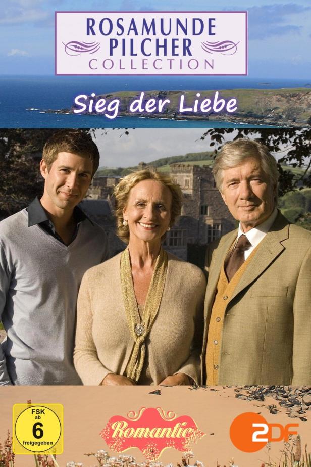 Das Cover von Rosamunde Pilchers „Sieg der Liebe“ mit drei Darstellern vor einem Schloss.