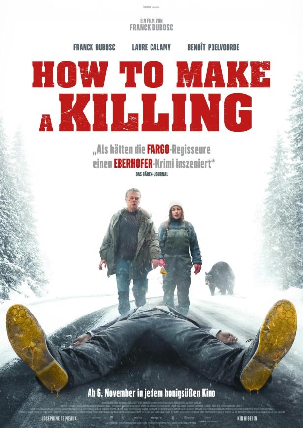 Das Filmplakat für „How to Make a Killing“ zeigt zwei Personen und einen Bären in einer verschneiten Landschaft.