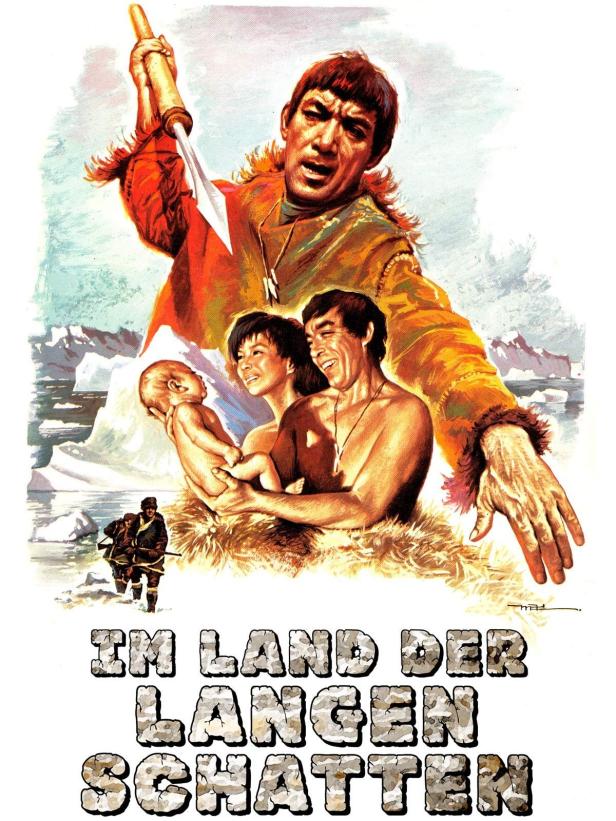 Das Filmplakat für „Im Land der langen Schatten“ zeigt eine Inuit-Familie in einer eisigen Landschaft.