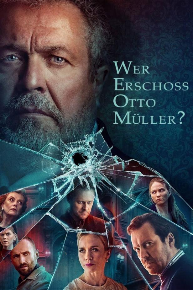 Das Filmplakat zu „Wer erschoss Otto Müller?“ zeigt mehrere verdächtige Personen hinter zerbrochenem Glas.